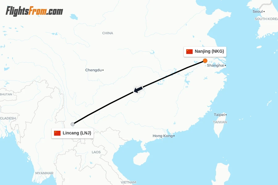 Flights from Nanjing to Lincang route map