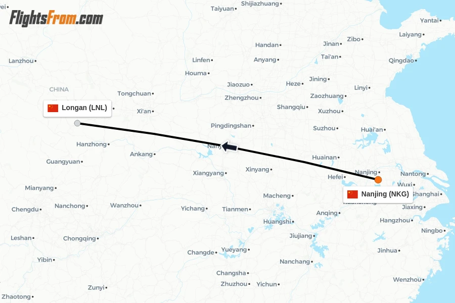 Flights from Nanjing to Longan route map