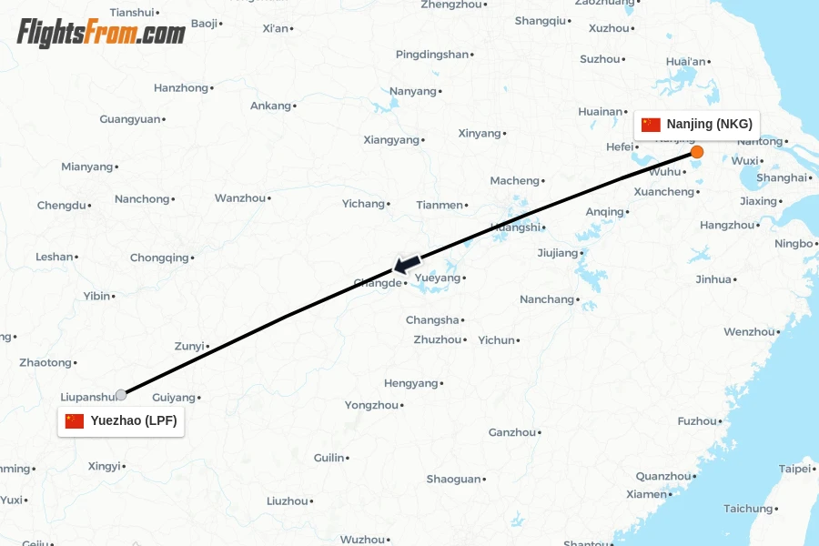 Flights from Nanjing to Yuezhao route map