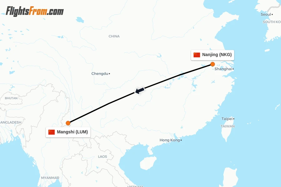 Flights from Nanjing to Mangshi route map