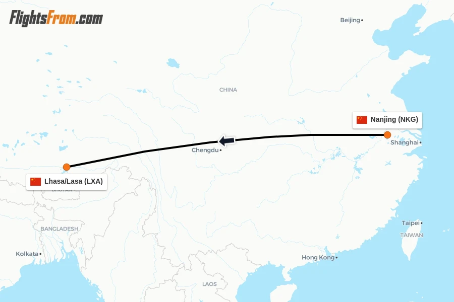 Flights from Nanjing to Lhasa/Lasa route map