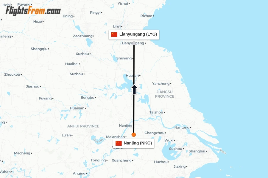 Flights from Nanjing to Lianyungang route map