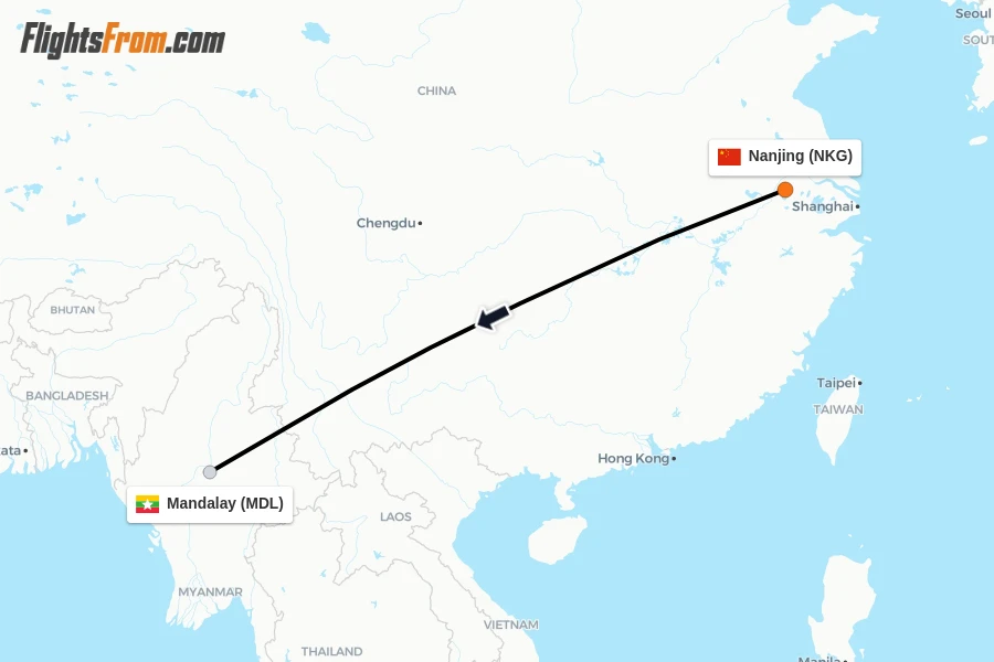 Flights from Nanjing to Mandalay route map