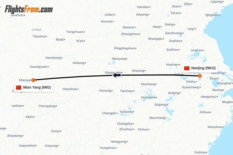 Flights from Nanjing to Mian Yang route map