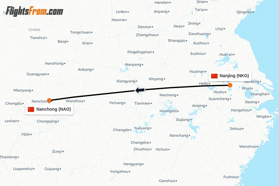 Flights from Nanjing to Nanchong route map