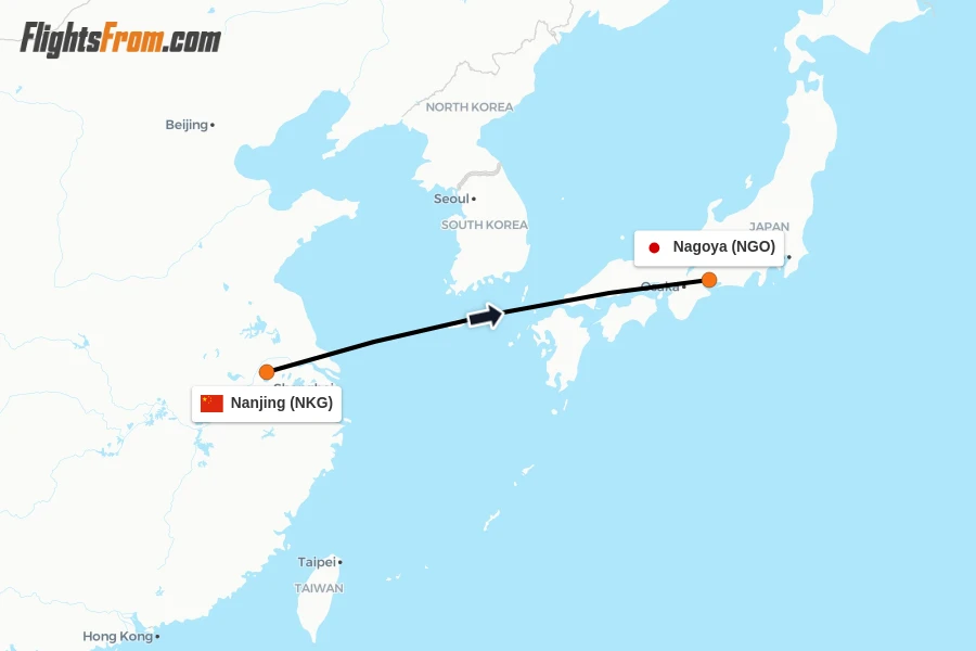 Flights from Nanjing to Nagoya route map