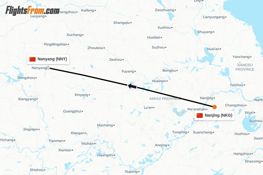 Flights from Nanjing to Nanyang route map