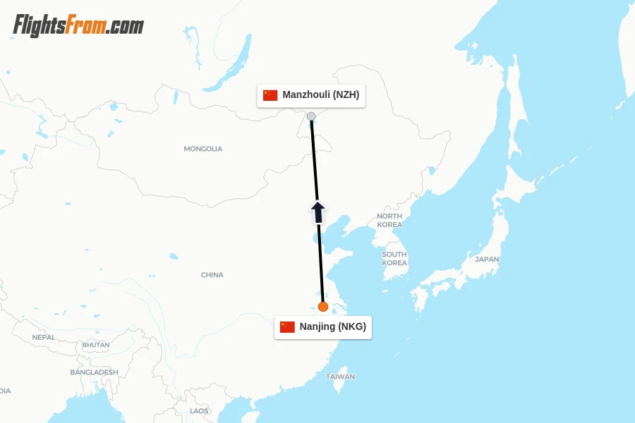 Flights from Nanjing to Manzhouli route map