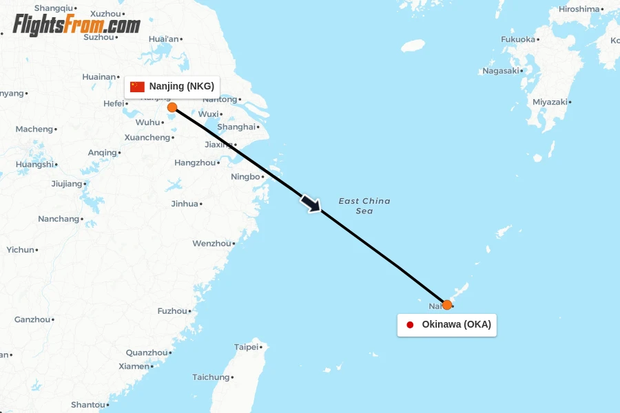 Flights from Nanjing to Okinawa route map