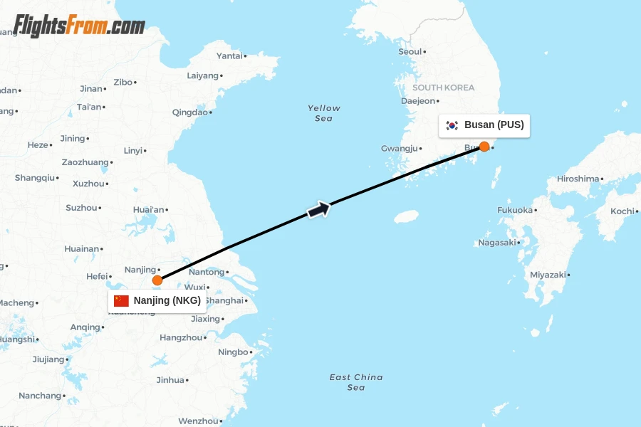 Flights from Nanjing to Busan route map