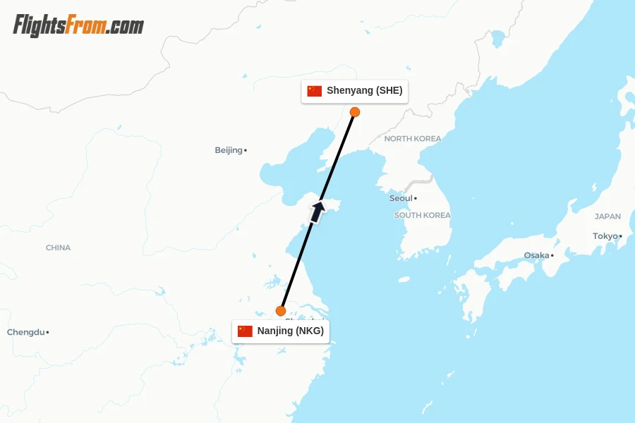 Flights from Nanjing to Shenyang route map