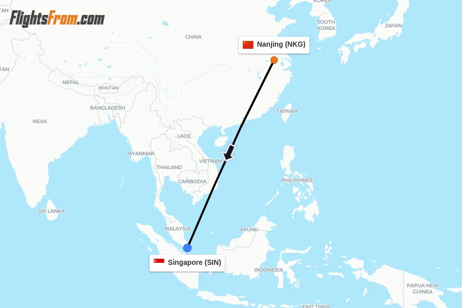 Flights from Nanjing to Singapore route map