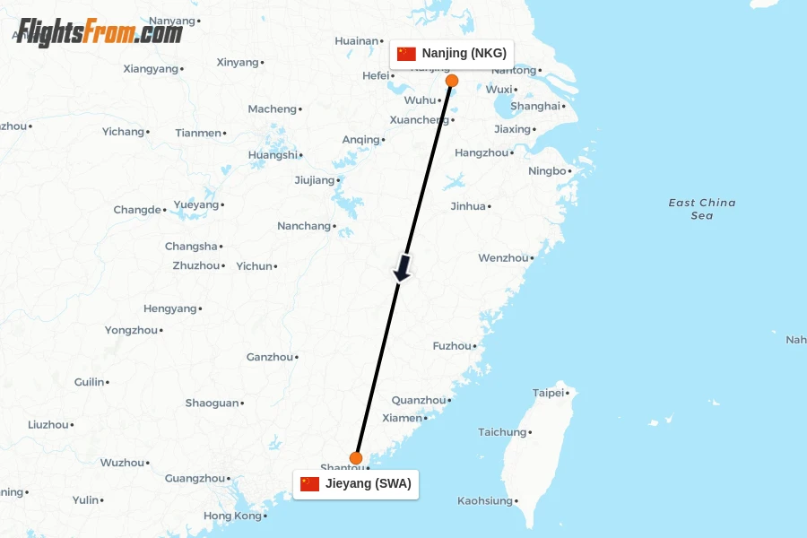 Flights from Nanjing to Jieyang route map