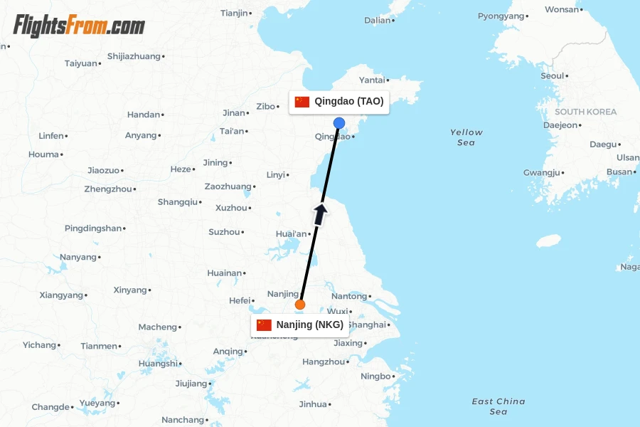 Flights from Nanjing to Qingdao route map