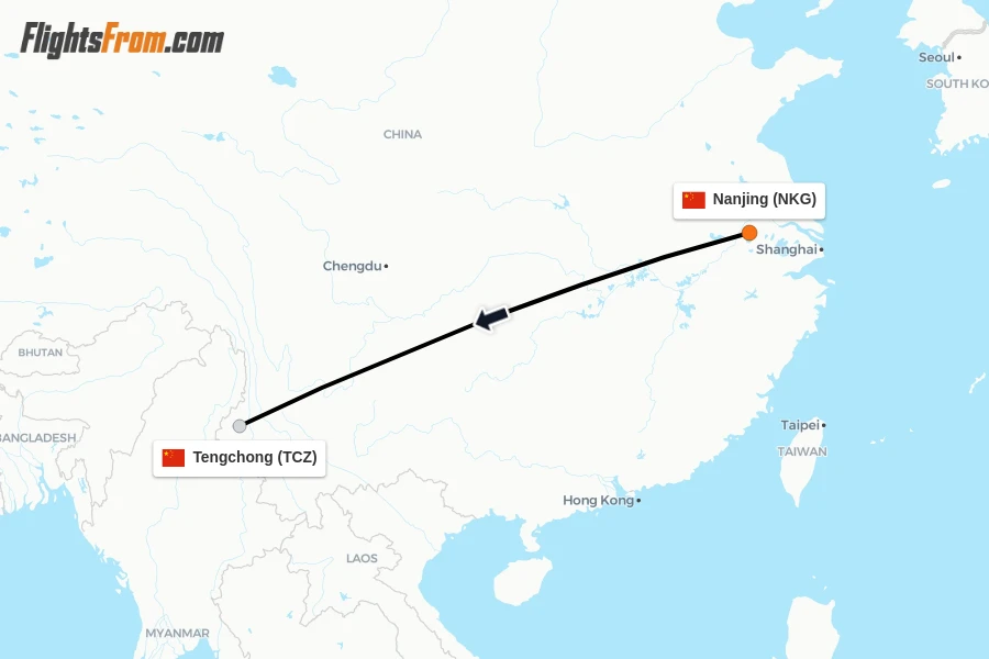 Flights from Nanjing to Tengchong route map