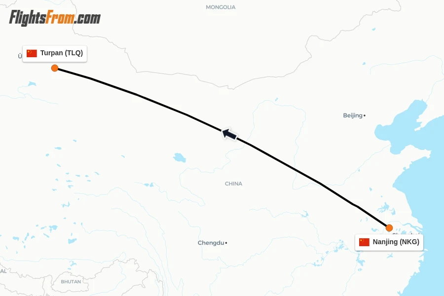 Flights from Nanjing to Turpan route map