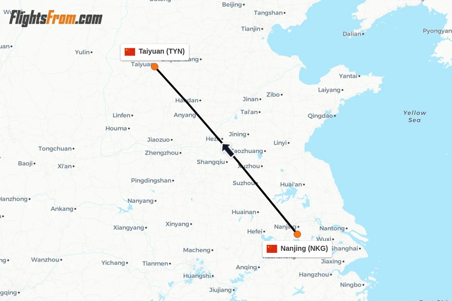 Flights from Nanjing to Taiyuan route map