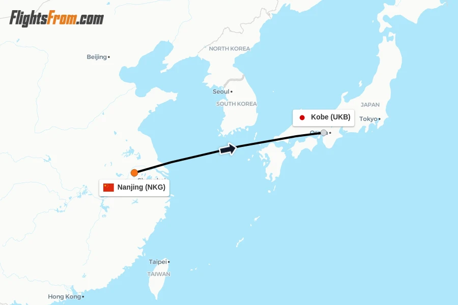 Flights from Nanjing to Kobe route map