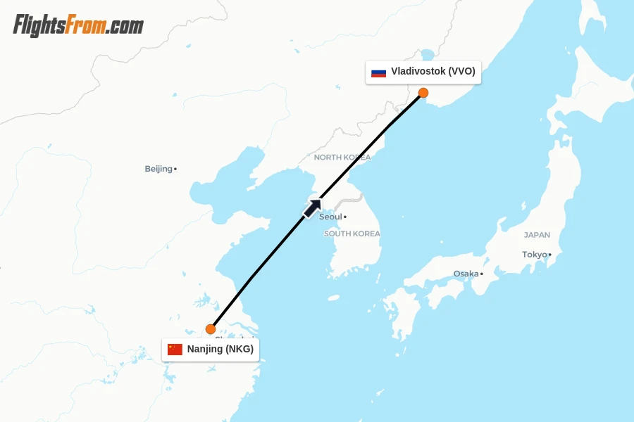 Flights from Nanjing to Vladivostok route map