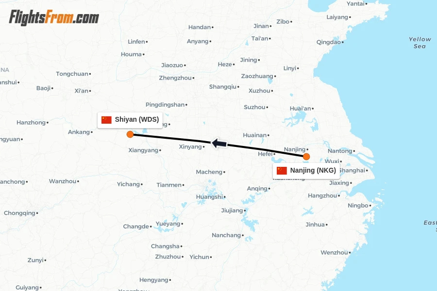 Flights from Nanjing to Shiyan route map