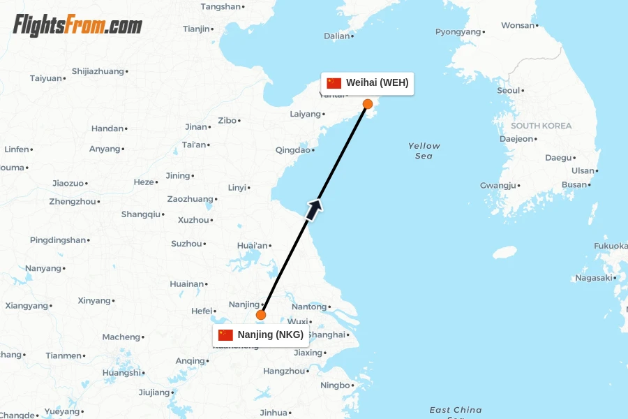 Flights from Nanjing to Weihai route map