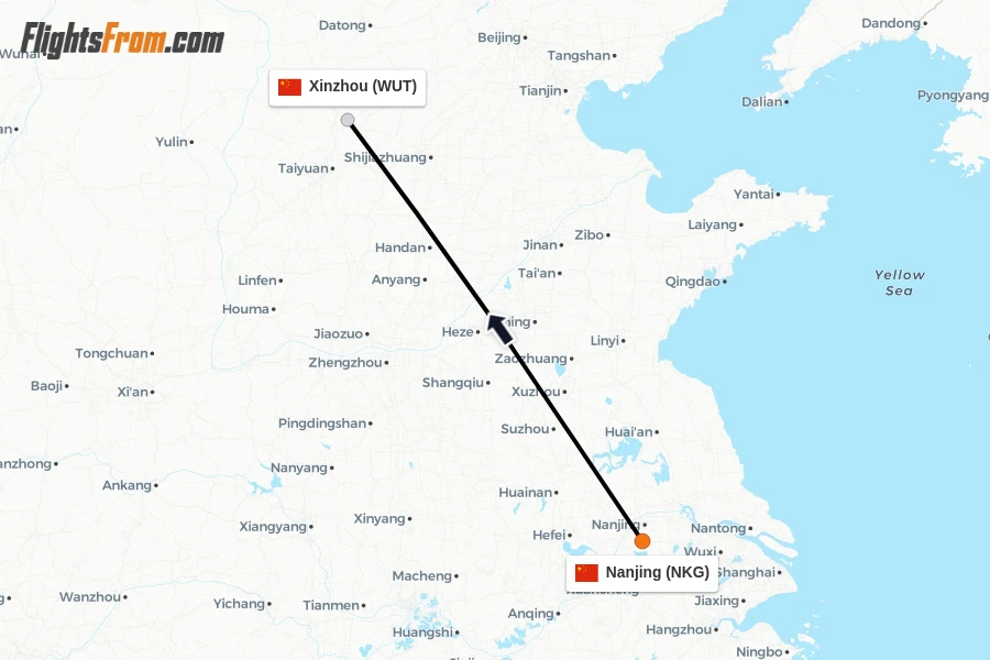Flights from Nanjing to Xinzhou route map
