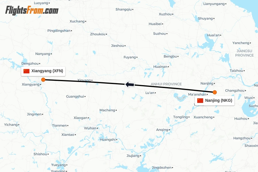 Flights from Nanjing to Xiangyang route map