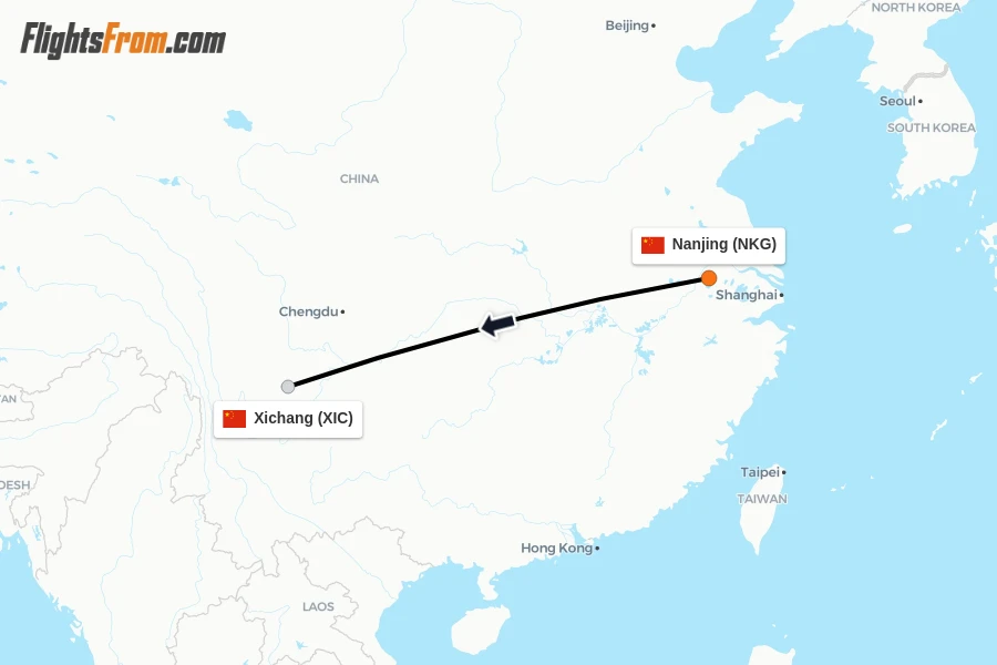 Flights from Nanjing to Xichang route map