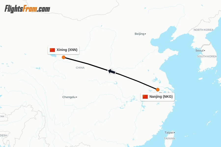 Flights from Nanjing to Xining route map
