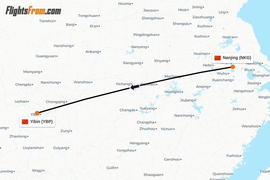 Flights from Nanjing to Yibin route map