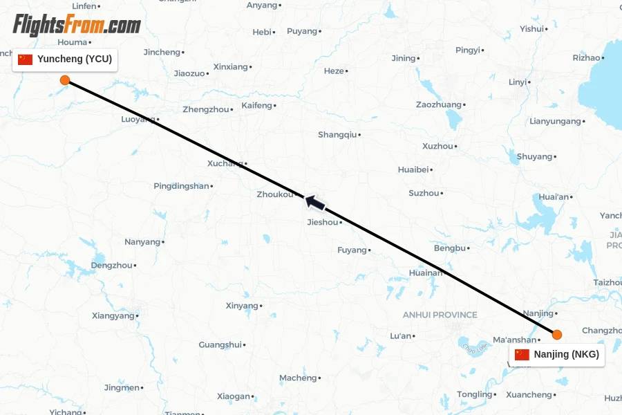 Flights from Nanjing to Yuncheng route map