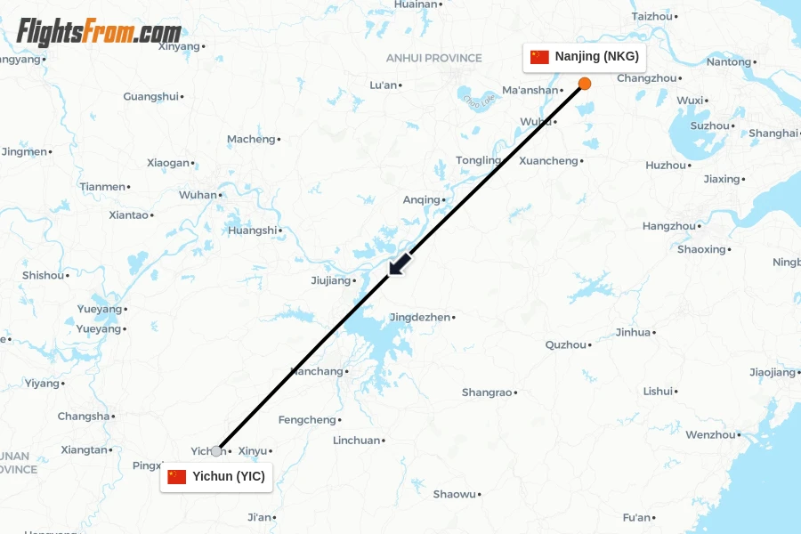 Flights from Nanjing to Yichun route map