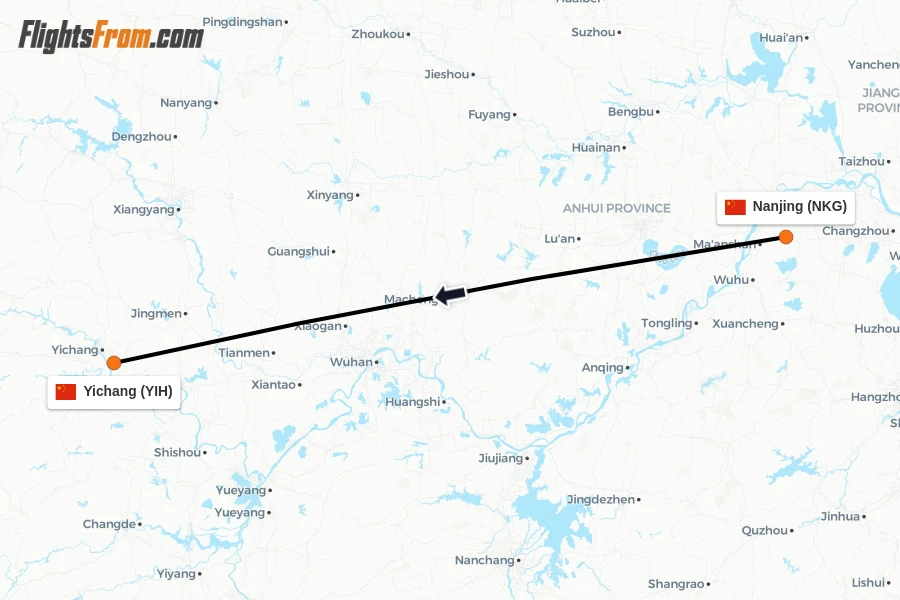 Flights from Nanjing to Yichang route map