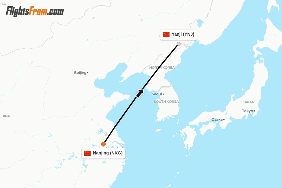 Flights from Nanjing to Yanji route map