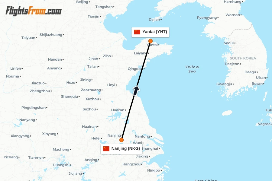 Flights from Nanjing to Yantai route map