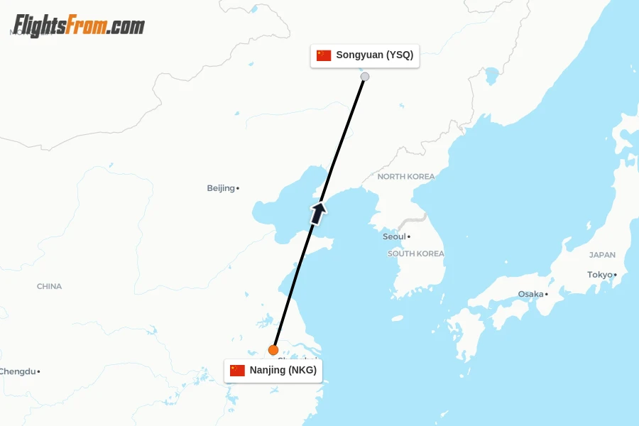 Flights from Nanjing to Songyuan route map