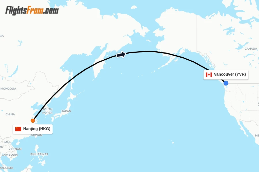 Flights from Nanjing to Vancouver route map