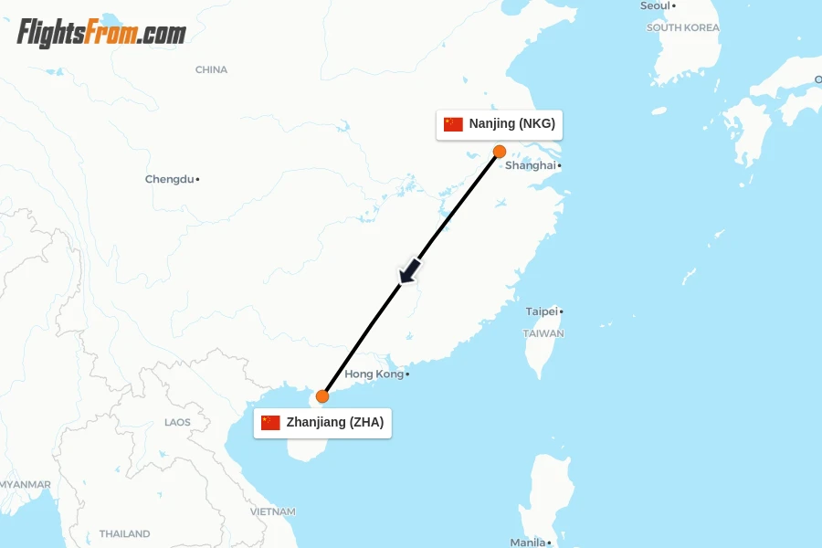 Flights from Nanjing to Zhanjiang route map
