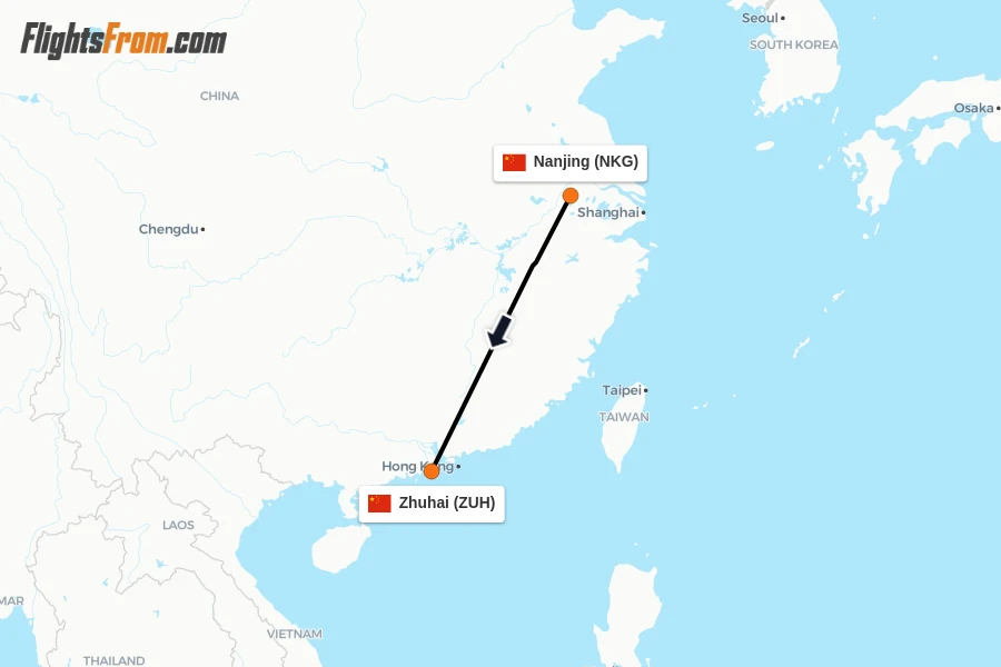 Flights from Nanjing to Zhuhai route map