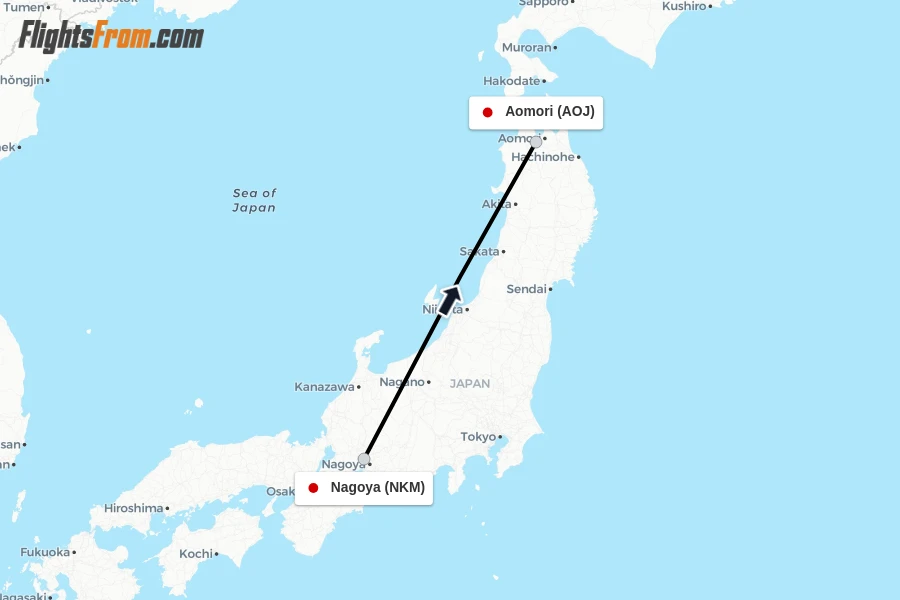 Flights from Nagoya to Aomori route map