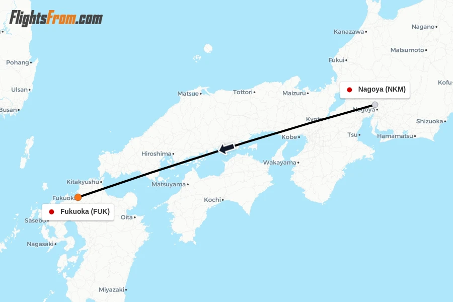 Flights from Nagoya to Fukuoka route map