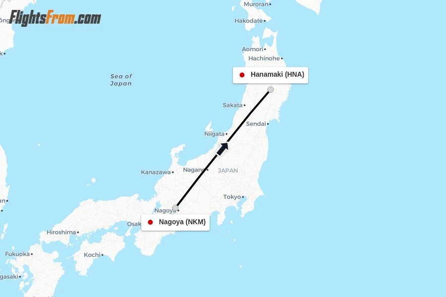 Flights from Nagoya to Hanamaki route map
