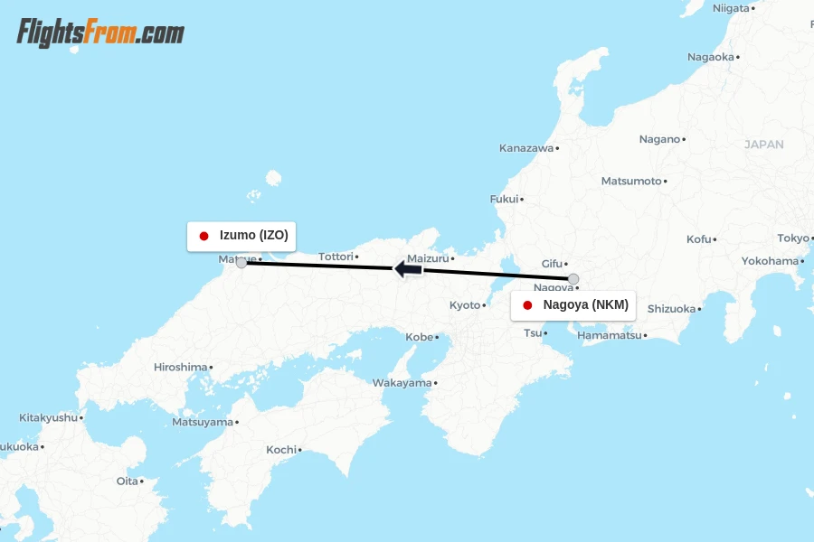 Flights from Nagoya to Izumo route map