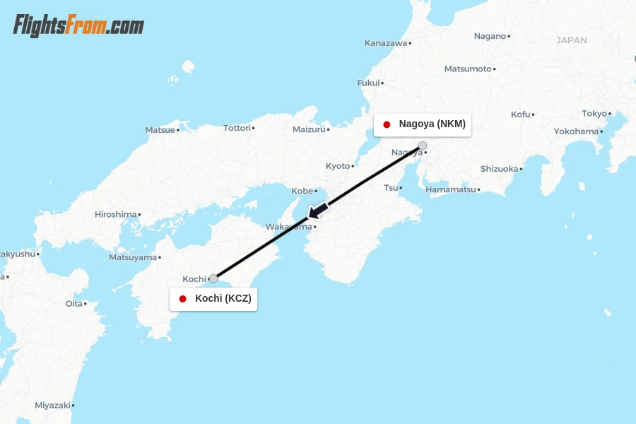 Flights from Nagoya to Kochi route map
