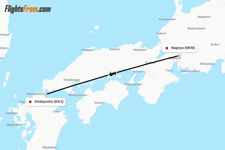 Flights from Nagoya to Kitakyushu route map