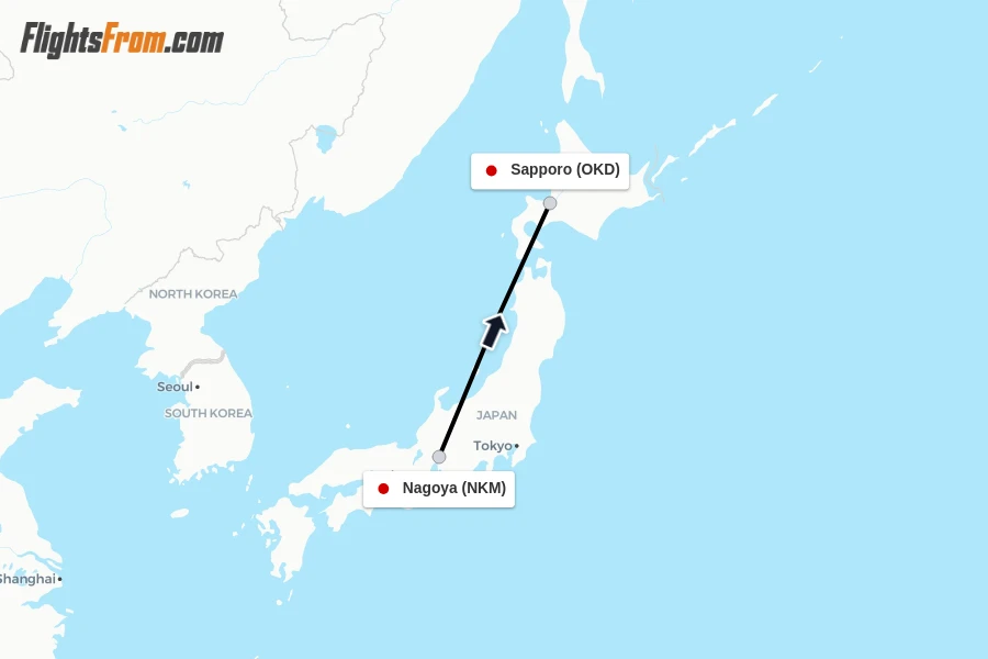 Flights from Nagoya to Sapporo route map