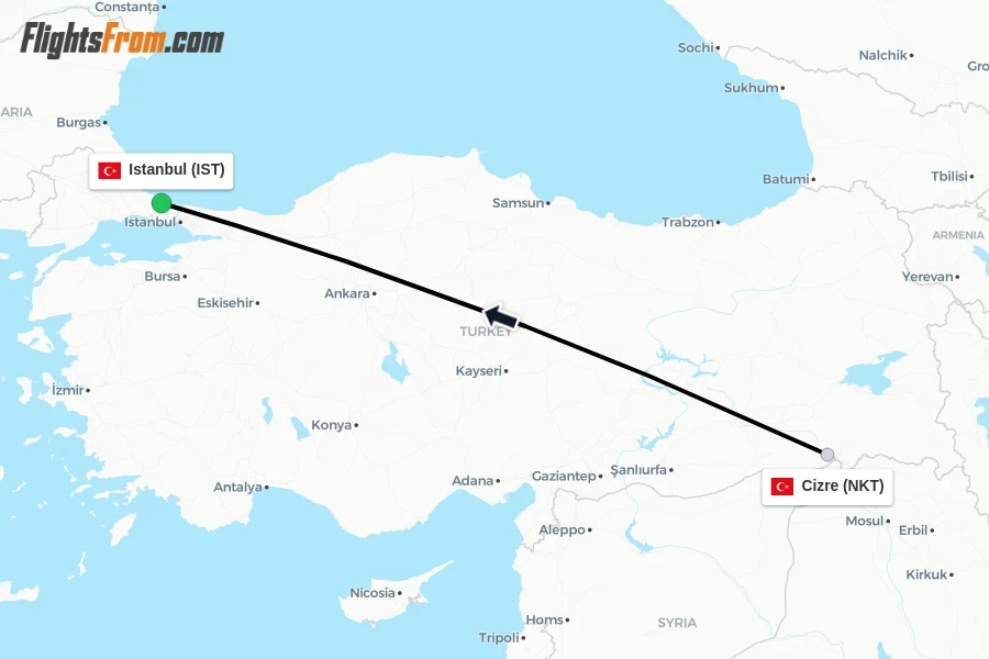 Flights from Cizre to Istanbul route map