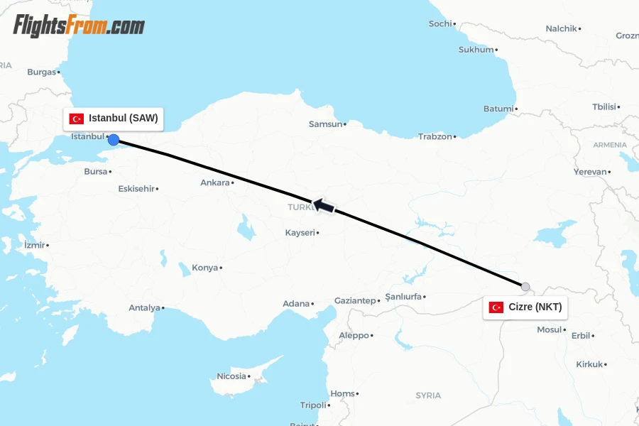 Flights from Cizre to Istanbul route map
