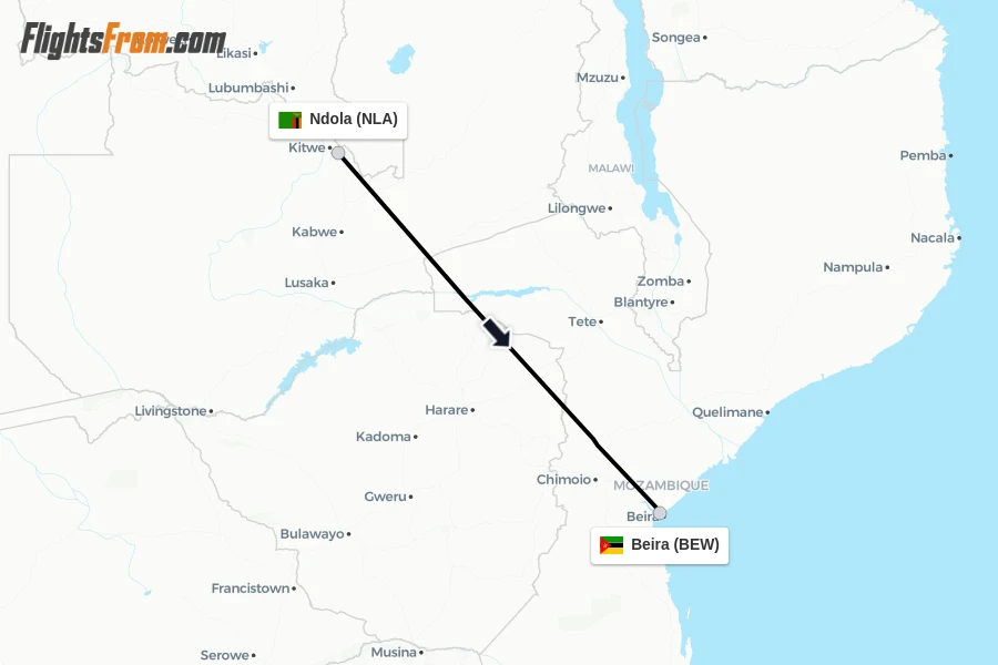 Flights from Ndola to Beira route map
