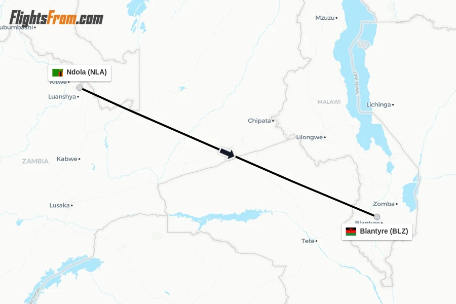 Flights from Ndola to Blantyre route map
